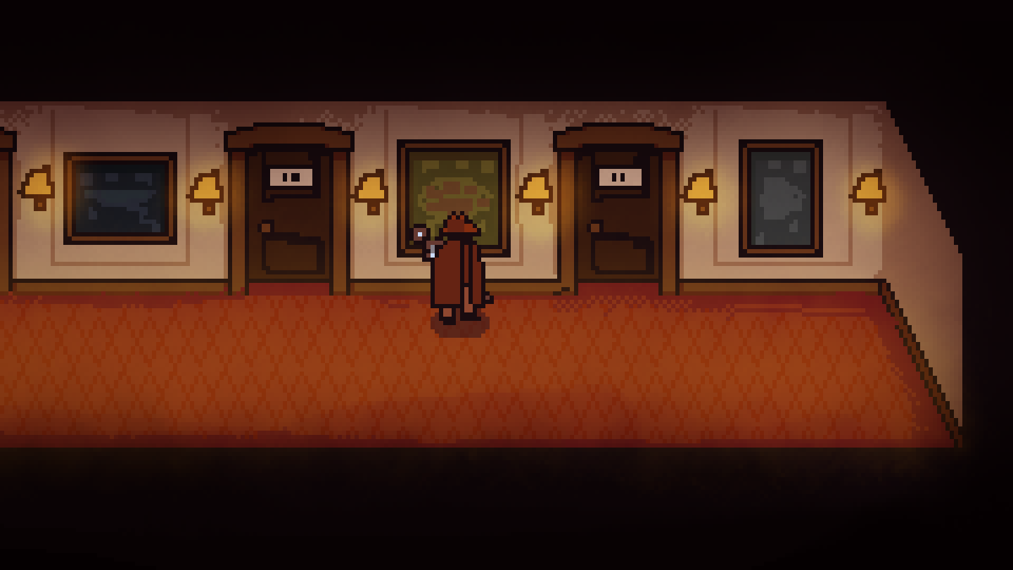 Concept art of a hallway in a hotel